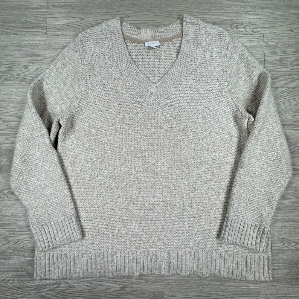 J. Jill Women's Sweater V-Neck Marled Knit Beige Large Long Sleeve‎ Cotton Blend